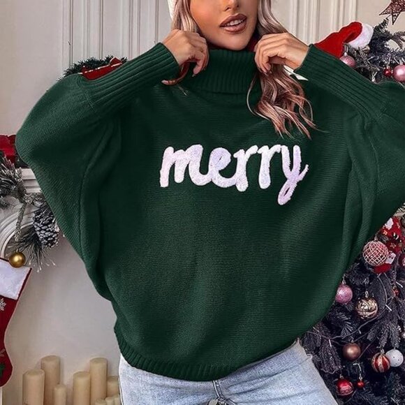 Oversized Christmas Green Sweater Women 2025 Merry Turtleneck Batwing Sleeve - Picture 3 of 7